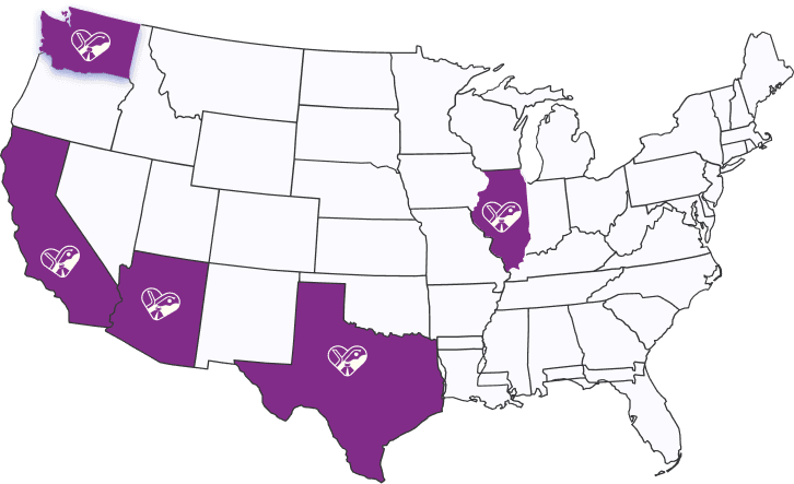 United States service map showing Yuni Rides operating regions across WA CA AZ TX IL