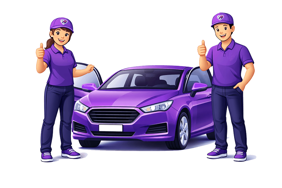 Yunirides drivers with purple car illustration